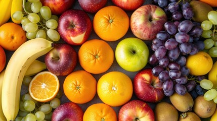 Wall Mural - Top view of a colorful assortment of fruits including apples, oranges, grapes, and bananas spread out on a flat surface, filling the entire frame to create a vibrant and appetizing display. 