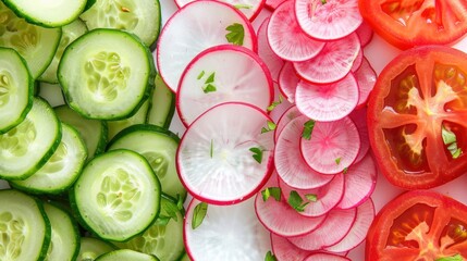 Wall Mural - Close-up of a variety of sliced vegetables such as tomatoes, cucumbers, and radishes, placed on a clean white background to highlight their freshness and vibrant colors.