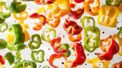 Wall Mural - Colorful assortment of sliced bell peppers (red, yellow, green) floating in mid-air against a clean white backdrop, emphasizing their crisp texture and natural colors. 