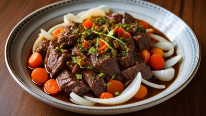 Canvas Print -  Delicious beef stew with carrots and onions ready to be savored