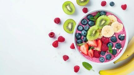 Wall Mural - Overhead shot of a smoothie bowl topped with fresh fruits like bananas, berries, and kiwi, on a white background with ample copy space. 