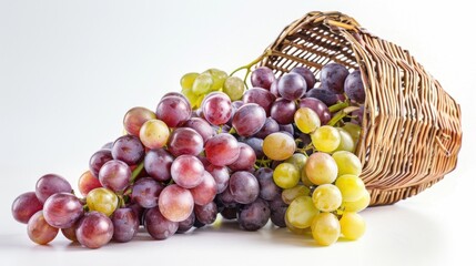 Wall Mural - A bunch of grapes spilling out of a wicker basket onto a pristine white surface, highlighting the abundance and freshness of the fruit.