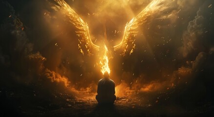 Pentecost concept art. Glowing white dove of the holy spirit descending upon an African American man