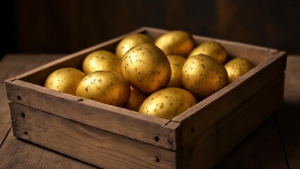 Sticker -  Golden potatoes in rustic wooden crate