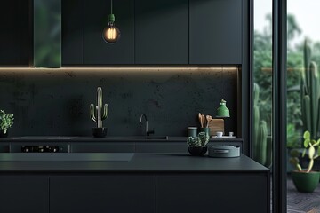 Wall Mural - Modern kitchen with black cabinets and large island for cooking and dining