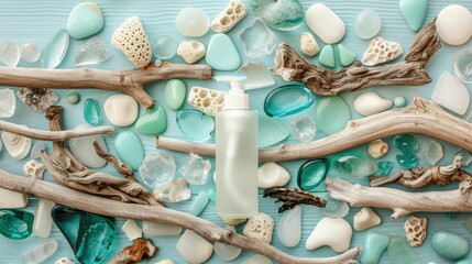 Poster - A bottle of paint sits amongst sea glass and driftwood, creating a unique art sculpture combining wood, glass, and water elements AIG50