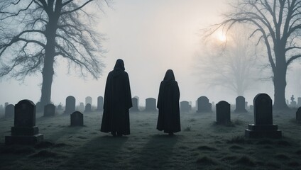 Two figures in hooded cloaks walk through a foggy cemetery at dawn, their forms silhouetted against the soft light, halloween mood