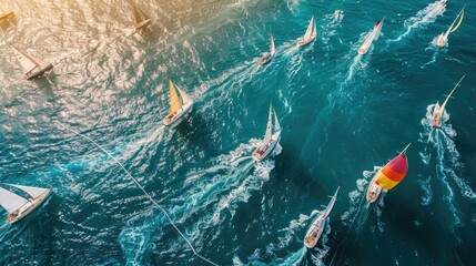 Wall Mural - A group of sailboats is peacefully floating on the calm water, creating a picturesque scene of adventure and recreation. The electric blue sky above adds to the beauty of the event AIG50