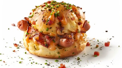 Wall Mural - Delicious Gourmet Hotdog Muffin on Artisan Bread with Premium Ingredients in Restaurant Style Setting, High-Resolution Image