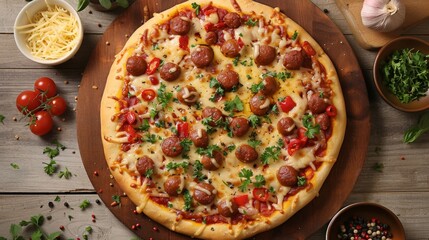 Wall Mural - Mouthwatering Hotdog Pizza with Melted Cheese and Fresh Herbs - Top View 4K Resolution