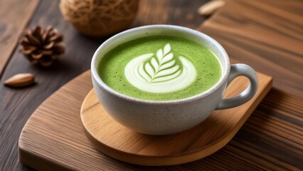 Poster -  Freshly brewed matcha latte with a leaf art garnish