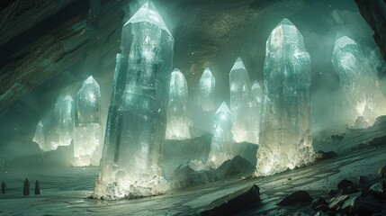 Deep within an ancient cave system, colossal crystals pulse with a soft, internal light that bathes the rough-hewn walls in a gentle, eerie glow. The air is thick with a hazy mist, revealing glimpses