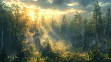 Wall Mural - At dawn, a mist-laden forest exudes a sense of quiet majesty and untouched wilderness. The air is crisp and filled with the scent of damp earth and pine. Shadows play upon the forest floor as