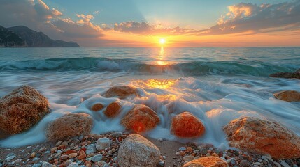A serene panoramic view of a rocky shoreline at sunset, waves crashing gently against the coastal boulders. The warm hues of the sky reflect softly on the wet stones, creating a tranquil and