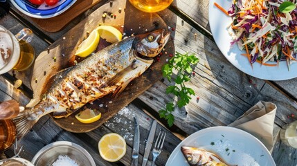 Wall Mural - A rectangular wooden cutting board topped with grilled fish and lemon slices, beautifully displayed on a wooden table AIG50