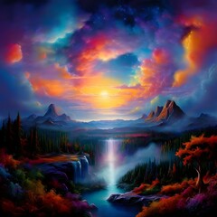 Wall Mural - The image depicts a vibrant sunset over a mystical landscape, featuring mountains, a waterfall, and a river. The sky is painted with hues of purple, blue, orange, and yellow, creating an otherworldly.
