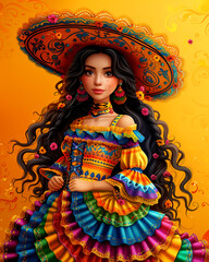 Wall Mural - A woman in a colorful dress is holding a fan. The dress is multicolored and has a flowery design. The woman's hair is long and flowing, and she is wearing a sombrero