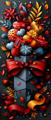 Wall Mural - a colorful bouquet of flowers and fruit is displayed in a box. the arrangement is full of red, orang
