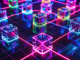 Wall Mural - Abstract Neon Cubes With Lines Background.