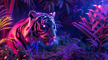 Wall Mural - neon tiger in the jungle with vibrant colors.
