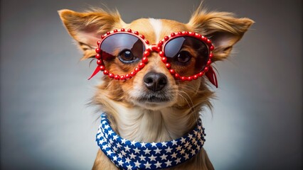 A close-up photo of a cute dog in fourth of july sunglasses and necklace, with a simple background and ample space for text.