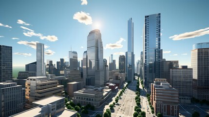 Wall Mural - Modern city panorama with skyscrapers and blue sky. 3d rendering