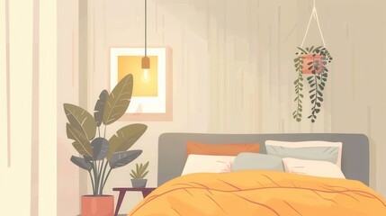 Wall Mural - A bedroom with a bed featuring a yellow comforter and pillows, and a variety of plants, including a hanging plant, adding a touch of nature.