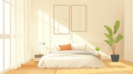 Wall Mural - A bright and airy bedroom features a bed with white linens, a potted plant, and two framed pictures.