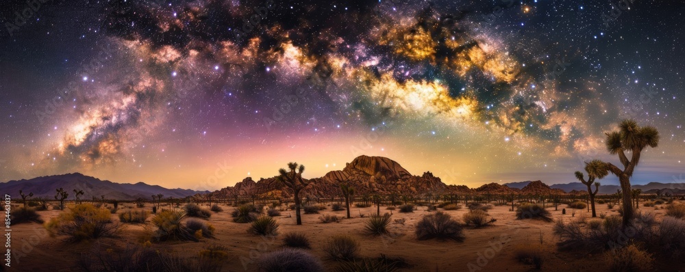 A stunning desert landscape under a clear night sky, with the Milky Way ...