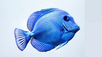 Wall Mural - A vibrant blue tang fish with a delicate fin structure, isolated against a light blue background.