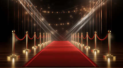 red carpet on stage , Red Event Carpet, Stair and Gold Rope Barrier Concept of Success and Triumph , Stunning view of empty theater stage with red velvet curtains between rope barriers