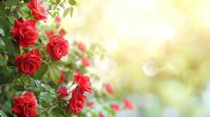 Poster - flower rose bush with vibrant red roses and green leaves background bokeh wallpaper.