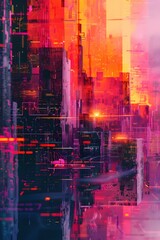 Canvas Print - Pulsating Neural Circuitry Emanating from Dystopian Futuristic Cityscape with Neon-Infused Glitch Art Digital Collage