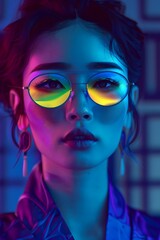 Wall Mural - Captivating Neon Lit Portrait of a Confident and Alluring Female Model