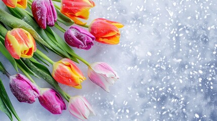 Wall Mural - Colorful tulip flower banner on snowy white background