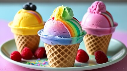Wall Mural -  Sweet summer indulgence with rainbow ice cream and fresh berries