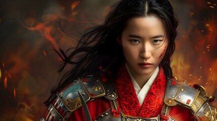 Fierce Asian Female Warrior Wielding Sword Amid Fiery Storm