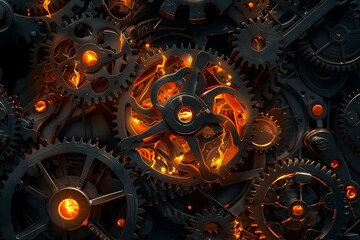 Wall Mural - A luminescent clockwork, gears and cogs aglow with inner fire
