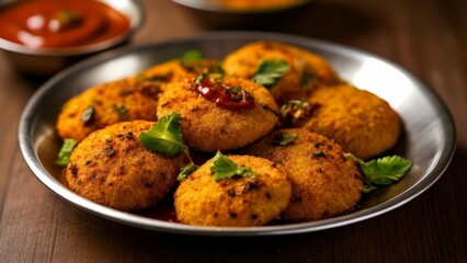 Canvas Print -  Delicious goldenbrown fried food with sauce and herbs