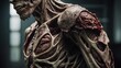 © keystoker - A close-up view of a rotting zombies shoulder, showcasing the decaying flesh and exposed bone, halloween mood