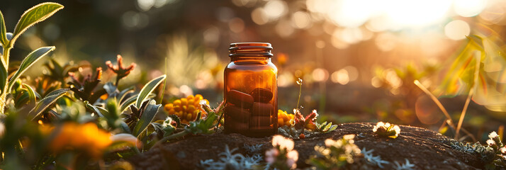 Sticker - A supplement bottle in a nature setting, warm tones, nature,