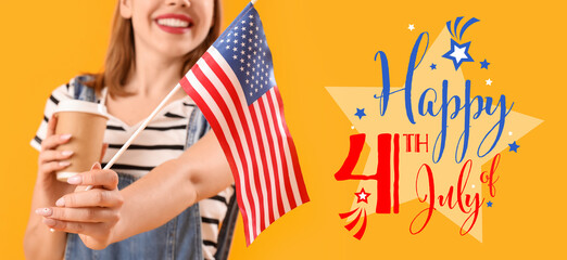 Wall Mural - Young woman with USA flag and cup of coffee on yellow background, closeup