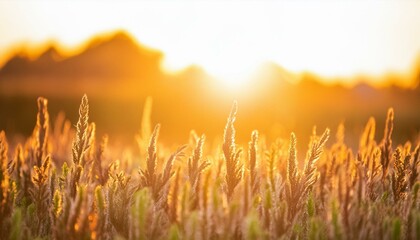 Wall Mural - sunset in the grass wallpaper spring background with flowers, green plant on the background of light, Close up of nature view green leaf on blurred greenery background under sunlight with bokeh