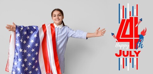 Wall Mural - Little girl with USA flag on light background. Greeting banner for American Independence Day