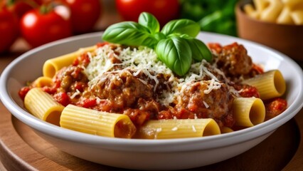 Canvas Print -  Delicious pasta dish with meatballs and fresh basil