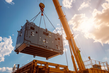 Industrial crane lifting and operating a large electric generator against a backdrop of sunlight and blue sky, showcasing heavy machinery in action