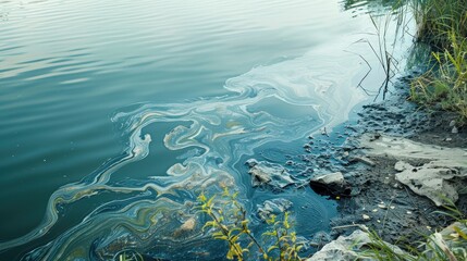 Wall Mural - Contaminated water surface in river or lake with a dirty environment