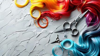 Wall Mural - white backdrop with colored hair pieces and scissors in the corners.