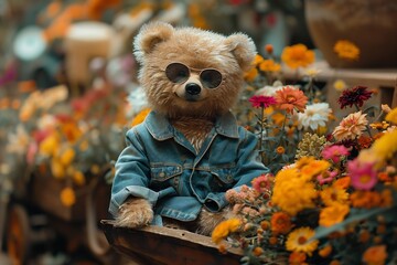 A teddy bear in sunglasses, denim suit, sitting on a garden wheelbarrow full of flowers, against the background of a garden blooming with all colours.The garden is illuminated by sunshine