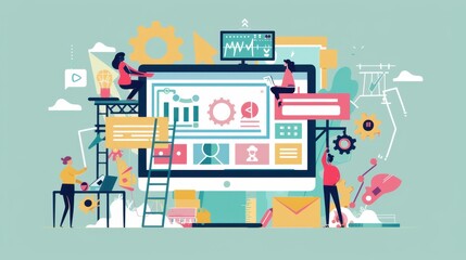 A colorful illustration showing a team of people working together to build a website, emphasizing the collaborative nature of web development.